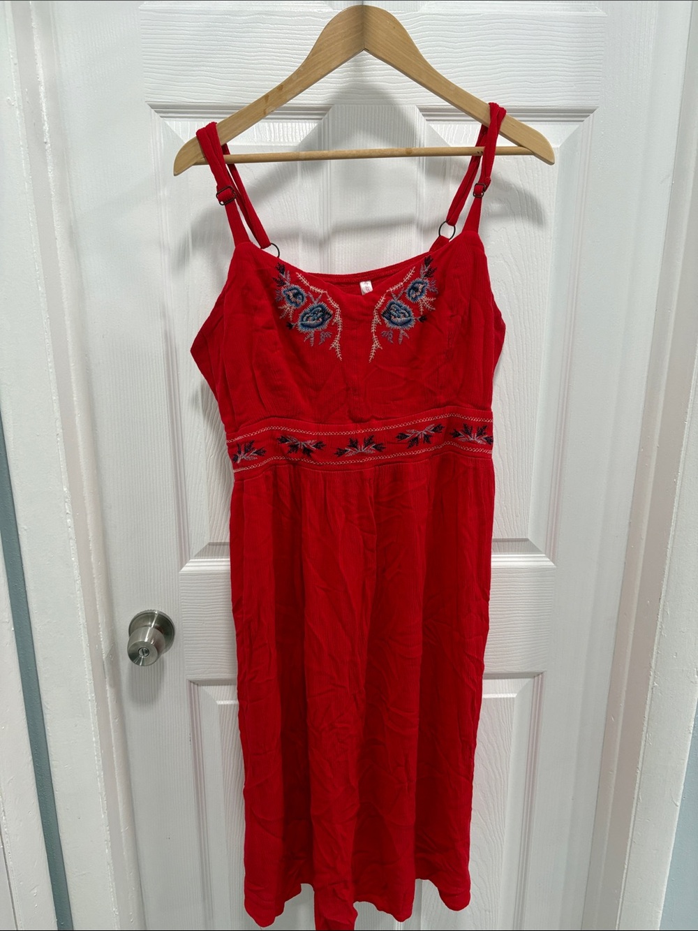 Xhilaration Red Midi Dress with Blue Floral Embroidery